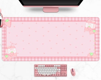 Strawberry Milk Mousepad, Kawaii pink gaming desk mat, Pastel anime aesthetics, xl extra wide cute mouse pads (multiple sizes)