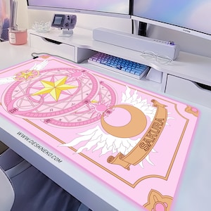 Sakura Schreibtischmatte Pink, Kawaii Mousepad Cute, Große XXL Gaming Schreibtischmatte RGB led, Cardcaptor Mädchen Flügel magischer Mondstab, Ästhetisches Mauspad