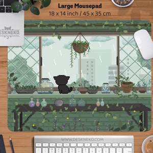 Cute Mousepad, Green Mouse Pad, Kawaii plants nature cat, Soft ergonomic Keyboard mousemat with wrist rest, cottagecore aesthetic deskmat