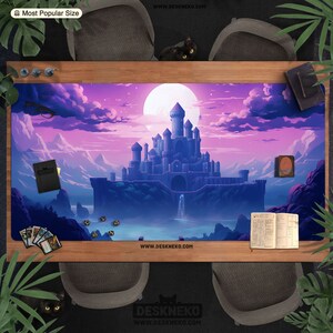 Magic Castle Playmat/Bureaumat, tcg mtg kaart/dobbelstenen/bordspelfantasie, paarsroze wolkenhemel 24x14, gigantische grote bureaumat/muismat/speelmat