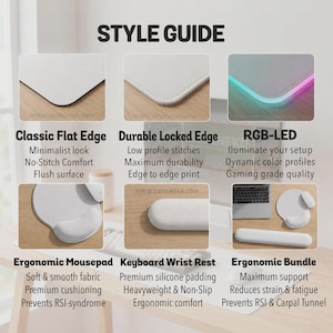 K&ouml;nnte beinhalten: Eine Stil&uuml;bersicht mit verschiedenen Schreibtisch-Accessoires, darunter ein Mauspad mit flacher Kante, ein Mauspad mit vern&auml;hter Kante, ein RGB-LED-Mauspad, ein ergonomisches Mauspad mit Handgelenkauflage, eine Tastatur-Handgelenkauflage und ein Set.