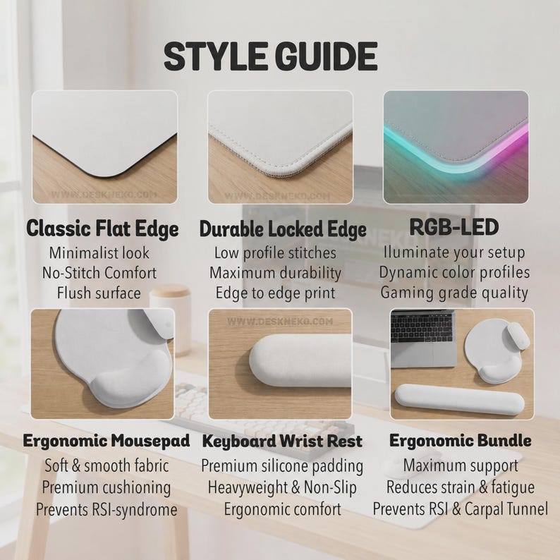K&ouml;nnte beinhalten: Eine Stil&uuml;bersicht mit verschiedenen Schreibtisch-Accessoires, darunter ein Mauspad mit flacher Kante, ein Mauspad mit vern&auml;hter Kante, ein RGB-LED-Mauspad, ein ergonomisches Mauspad mit Handgelenkauflage, eine Tastatur-Handgelenkauflage und ein Set.