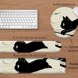 Black Cat desk mat cute mousepad, Anime aesthetic mouse pad, XXL gaming deskmat RGB LED, Coffee beige Kawaii manga, Matt with wrist rest image 7