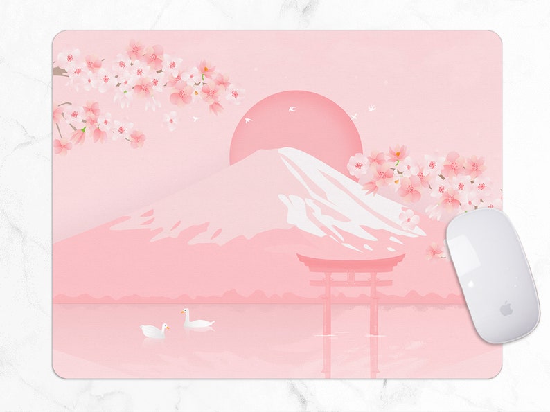 Cherry Blossom desk mat, Japanese mt Fuji landscape Aesthetics mouse pad, minimal kawaii pastel pink Sakura tree, Gaming mousepad 6 sizes image 5