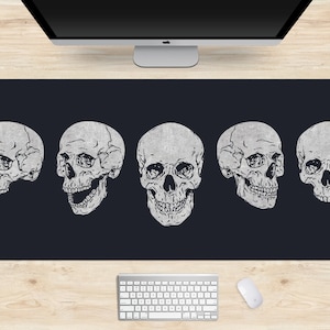 Skulls Desk Mat xxl, Goth mousepad xl, extra large gaming mouse pad, wide horror deskmat xxl, scary anatomical skeleton heads
