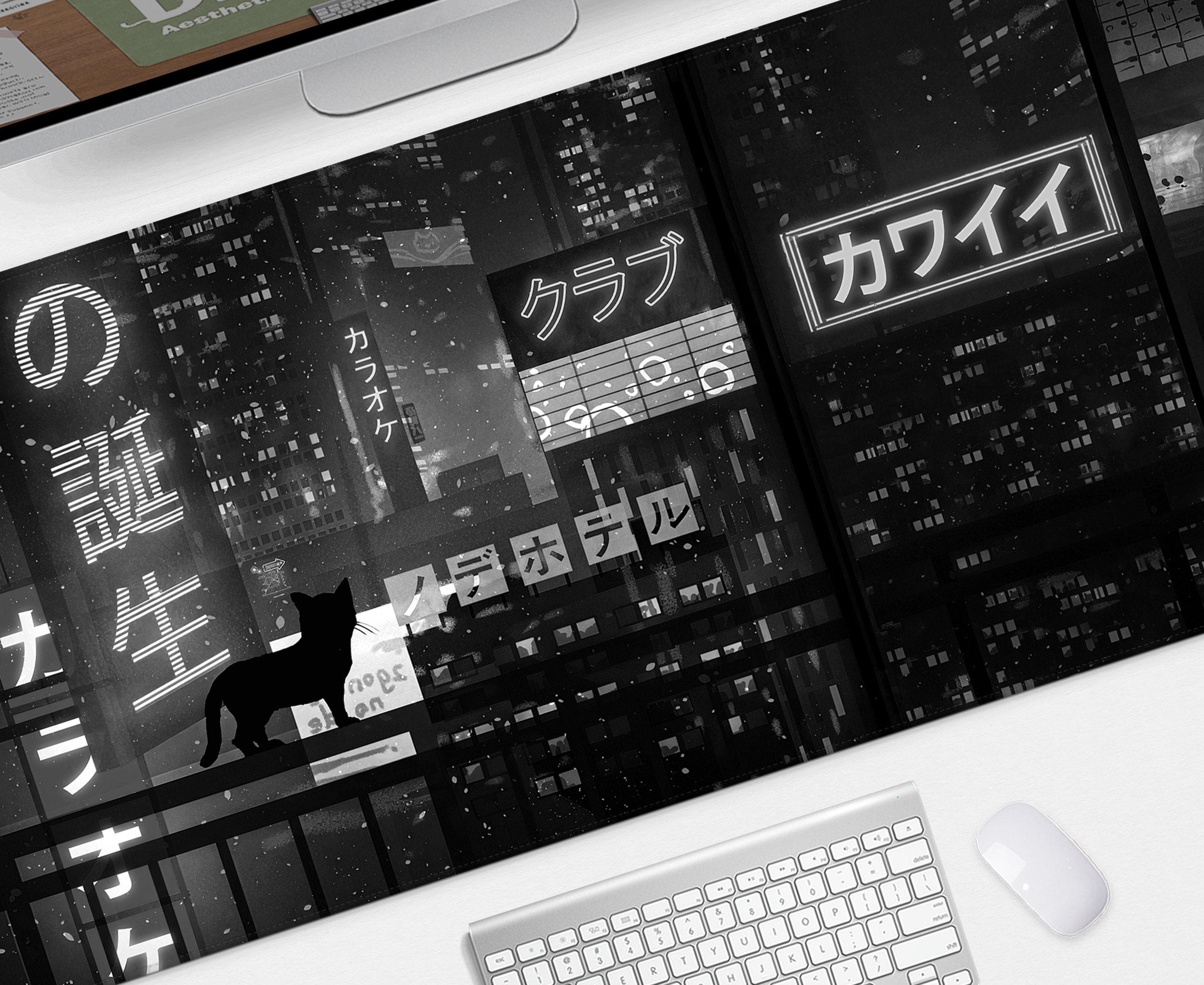 Black and White Mouse Pad, Japanese Desk Mat, Grey Anime Cat