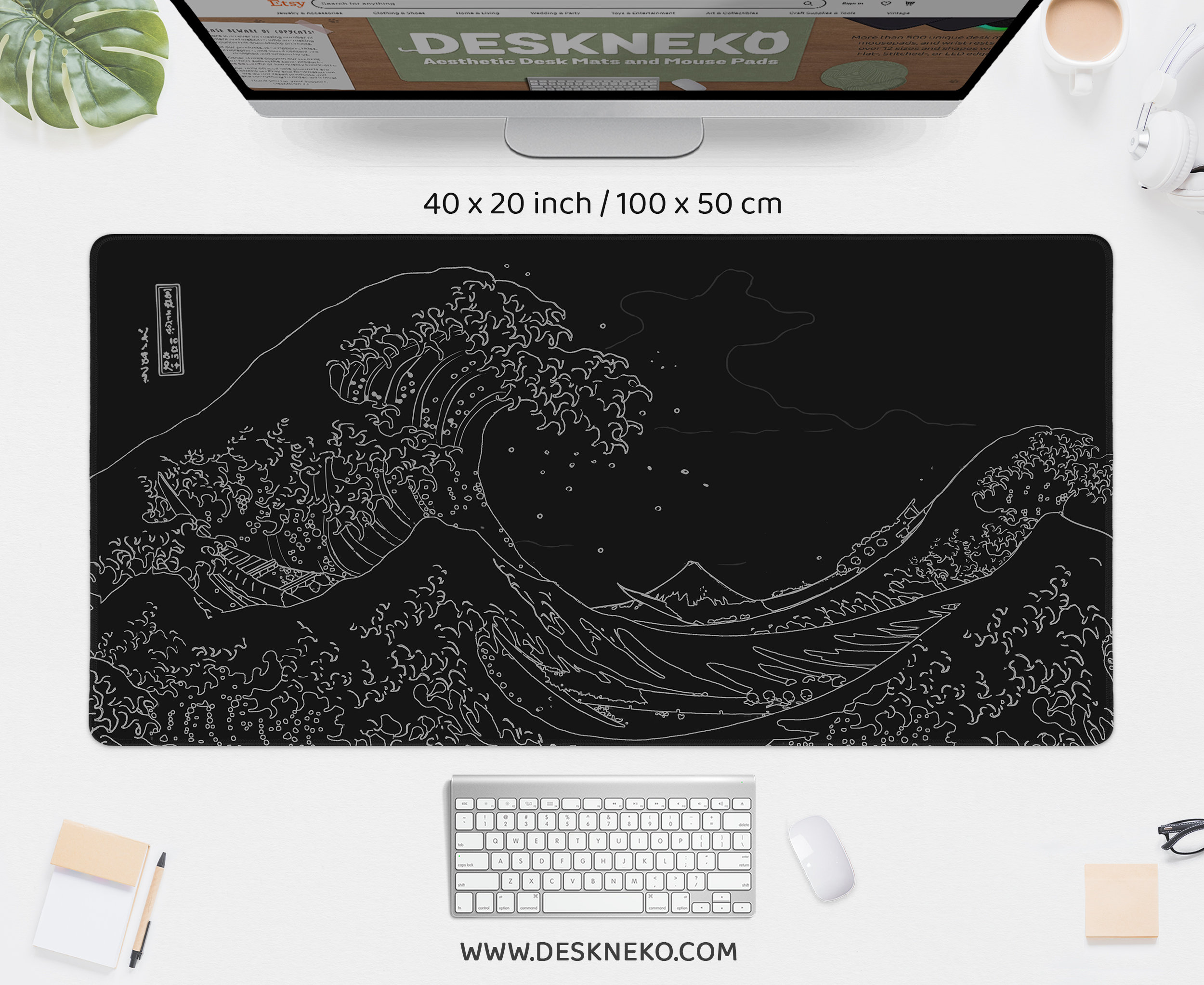 Great Wave Desk Mat Black and White, Japanese Mousepad, Japan