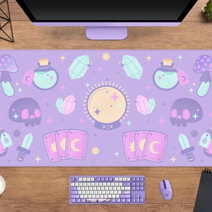Pastel Goth Desk Mat Kawaii, Cute witch mousepad purple, pastel lilac pink witchy wicca pattern, xxl extra large gaming mouse pad (6 sizes)