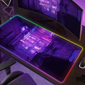 Gaming Desk Mat led, Large Mousepad anime xl, Japanese Mouse Pad RGB, Purple vaporwave neon tokyo, Cyberpunk xxl extended deskmat/playmat