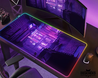 Alfombrilla de escritorio para juegos LED, alfombrilla de ratón grande Anime XL, alfombrilla de ratón japonesa RGB, neón morado Tokio Vaporwave, alfombrilla de escritorio/juegos Cyberpunk XXL extendida