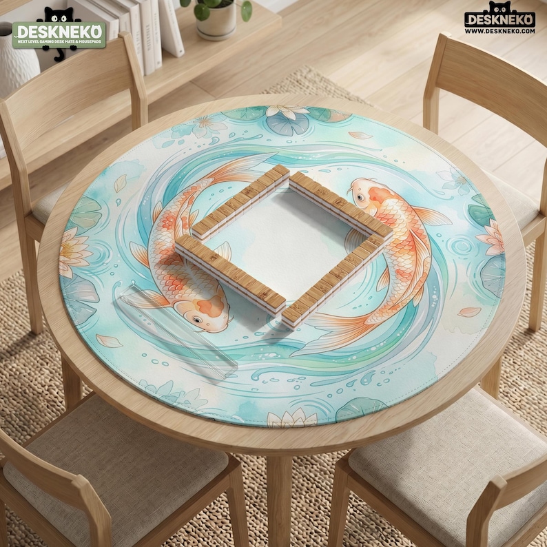 May include: A round desk mat featuring a light blue water design with two orange koi fish swimming in a circle, surrounded by water lilies and lily pads. A square wooden frame is placed in the center. The logo DESKNEKO is visible in the corner.