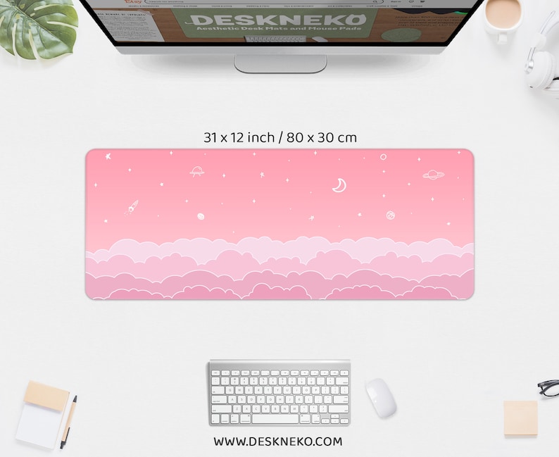 Kawaii Desk Mat Pink, Cute Mouse Pad Aesthetic, Pastel Clouds Sky ...