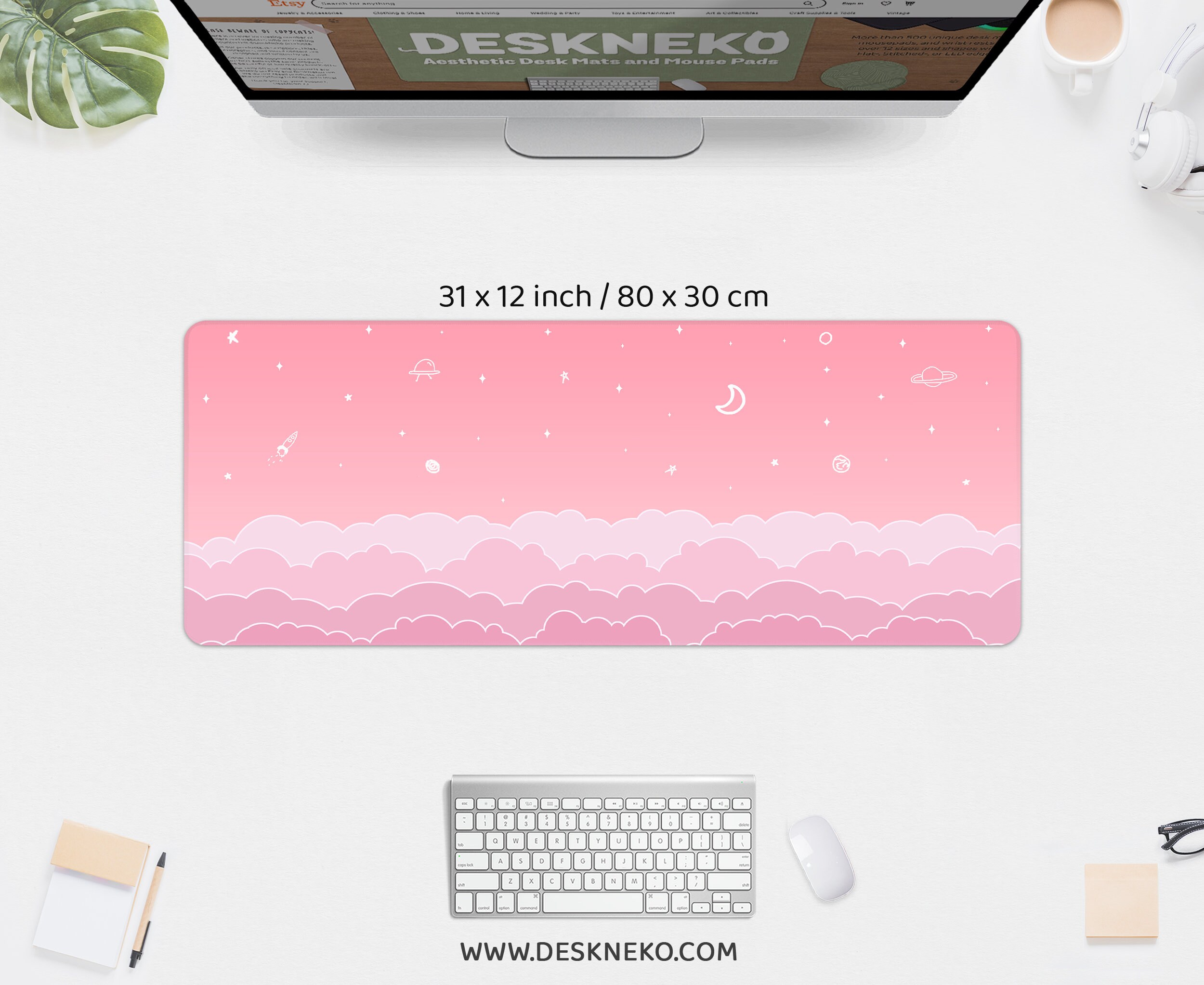 Kawaii Desk Mat Pink, Cute Mouse Pad Aesthetic, Pastel Clouds Sky ...