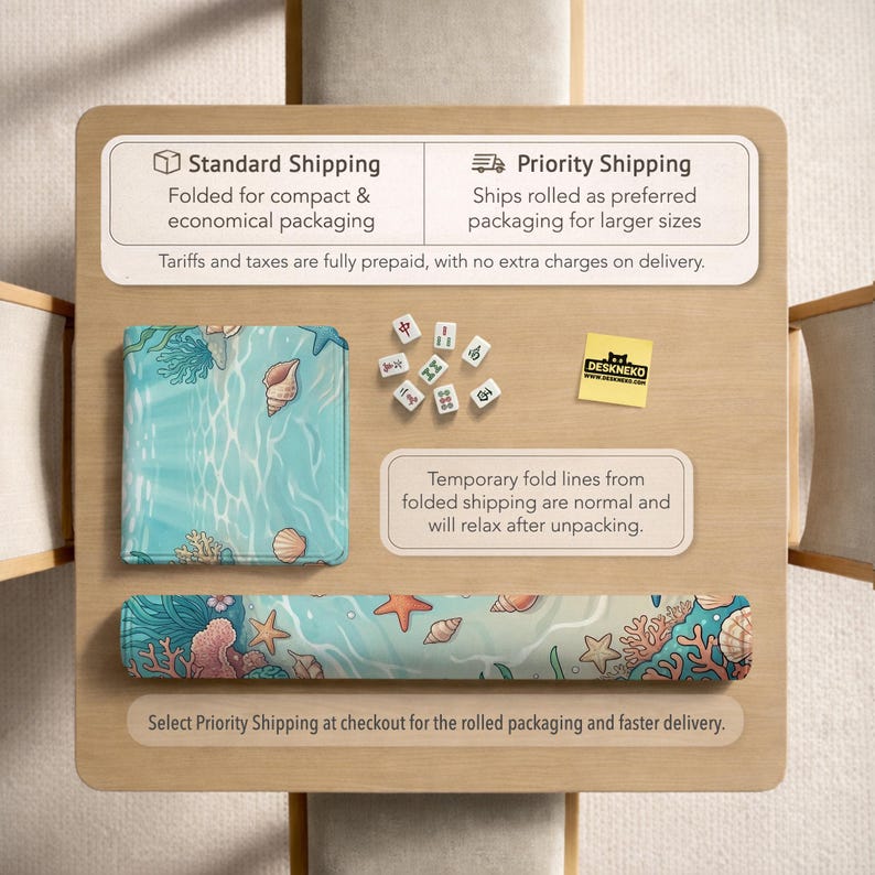May include: A rolled and folded desk mat featuring a sea-themed design with coral, starfish, and seashells in shades of blue, green, and orange. The mat is shown with a set of Mahjong tiles and a small yellow sticker.