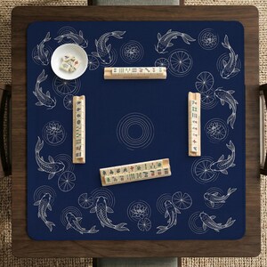 Tapete de Mahjong Indigo, Tapete de juego de mesa con peces Koi azul marino, Loto japonés, Decoración para juego de mesa Riichi americano, Cuadrado para cuatro jugadores imagen 6