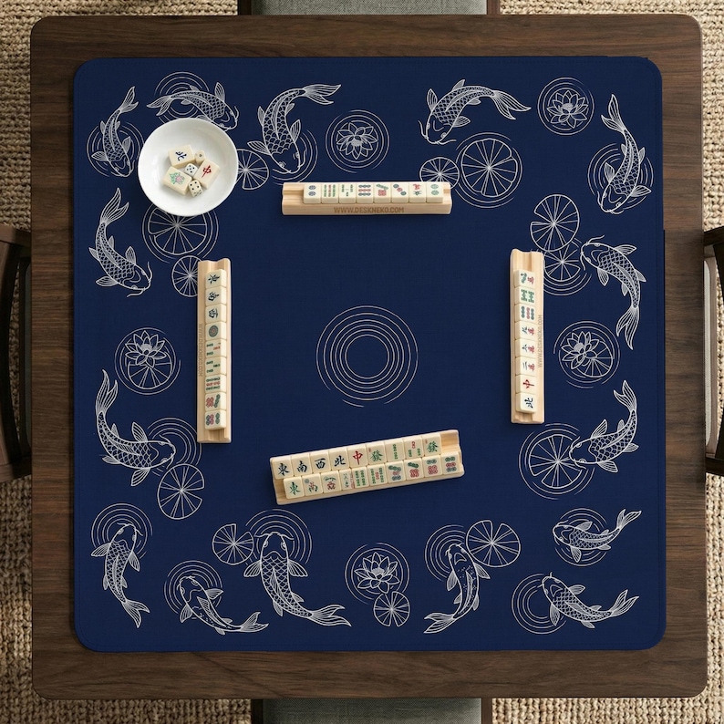 Tapete de Mahjong Indigo, Tapete de juego de mesa con peces Koi azul marino, Loto japonés, Decoración para juego de mesa Riichi americano, Cuadrado para cuatro jugadores imagen 6
