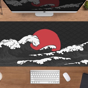Japanischer Schreibtischmatt große Welle Mauspad schwarz rot weiß, Meer Sonne Kreis orientalisch asiatisch Japan, Große Xxl Gaming Schreibtischmatte kleines Mousepad xl