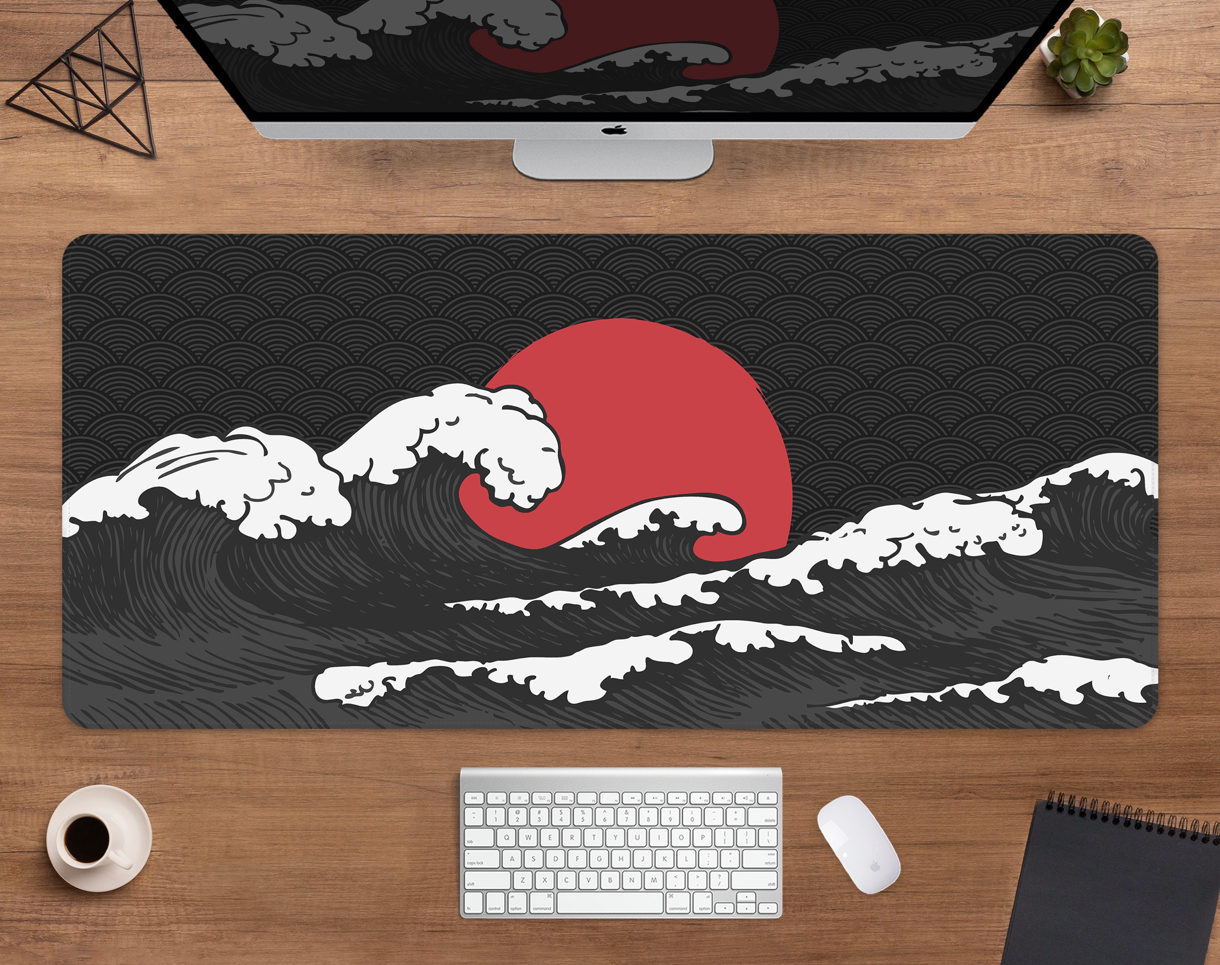 Japanese Desk Mat Great Wave Mousepad Black Red and White, Sea Sun