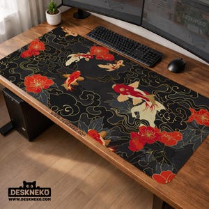 日本の鯉のデスクマット、ゲーミングマウスパッドXXL、抽象的な黒と赤の金のマウスパッド、キーボードとマウス用の拡張デスクマット、オフィスPCセットアップ