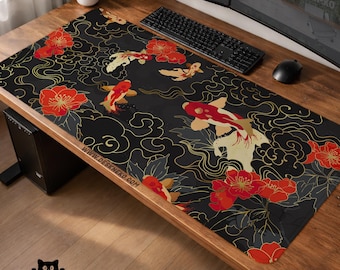 Tapis de bureau poissons koi japonais, tapis de souris gaming XXL, tapis de souris abstrait noir rouge or, tapis de bureau rallongé pour clavier et souris, configuration d'ordinateur de bureau