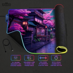 May include: An extra-large gaming mouse mat with a Japanese street scene and cherry blossom trees. The mat has a black surface with a colorful LED edge, a USB cable, and a control button. The mat is up to 120cm long and 60cm wide.