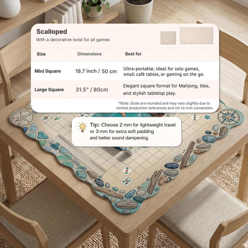 May include: A beige, scalloped-edge game mat with a nautical design, featuring a compass rose and various sea-themed elements. The mat is shown on a wooden table and is available in two sizes: 19.7 inches (50 cm) and 31.5 inches (80 cm).