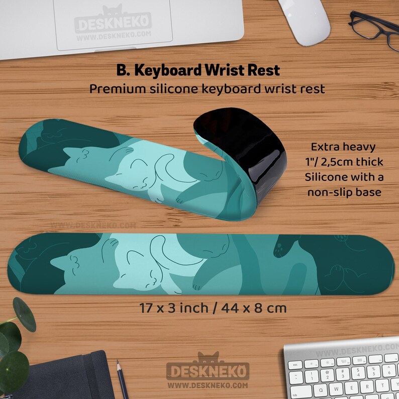Teal Cats Desk Mat Mouse Pad, Green Mousepad Cute, Kawaii Cat Deskmat xl, Extra Large XXL, Extended table matt led, Aesthetic Office Decor B: 44x8cm / 17.3″x3″ inches