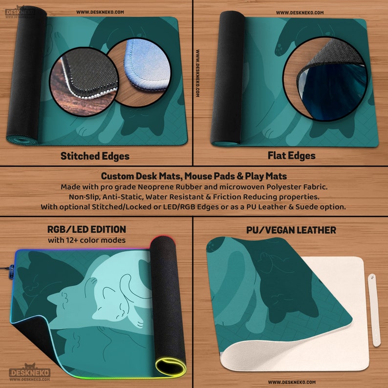 Teal Cats Desk Mat Mouse Pad, Green Mousepad Cute, Kawaii Cat Deskmat xl, Extra Large XXL, Extended table matt led, Aesthetic Office Decor image 7