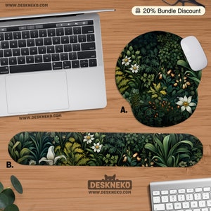 Ergonomic Mouse Pad with Wrist Rest, Dark Green Forest, Botanical Floral Mousepad, Plants Keyboard Support Desk Mat, Flower Desk Accessory