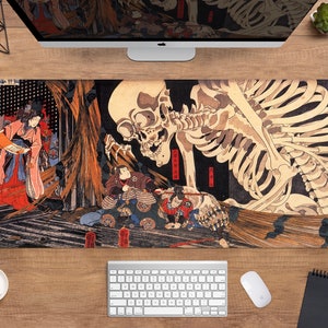 Japanese Desk Mat woodblock print mousepad xl, Utagawa Kuniyoshi skeleton, hiroshige hokusai edo period, xxl japan aeshetic deskmat