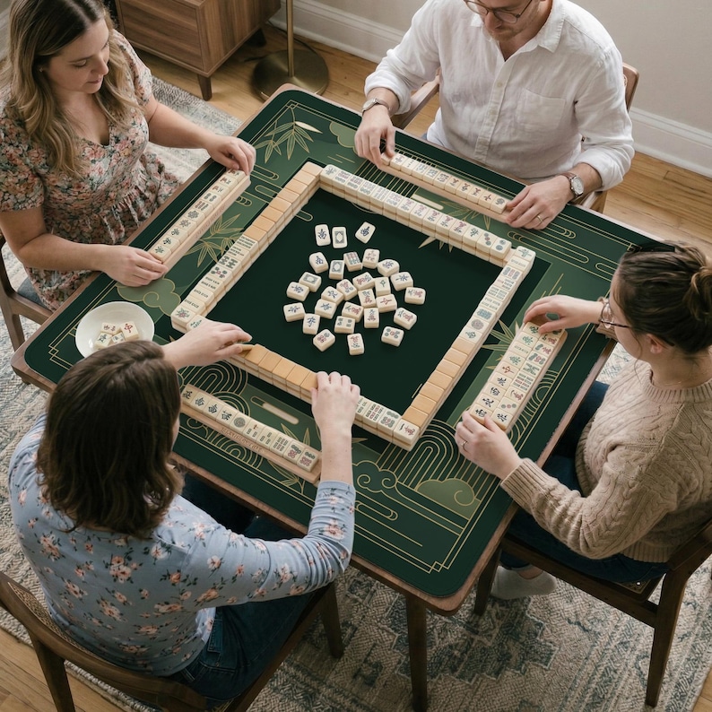 Pode incluir: Quatro pessoas jogando Mahjong em uma mesa verde escura com um design dourado de bambu e nuvens. As pe&ccedil;as bege do jogo t&ecirc;m marcas pretas e vermelhas. Os jogadores est&atilde;o sentados em cadeiras de madeira. A mesa tem cerca de 100 cm.
