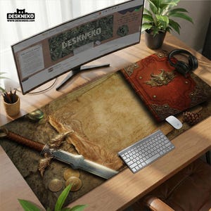 Könnte beinhalten: Ein Computertisch-Setup mit einem großen, gebogenen Monitor, einem roten Buch, einer Tastatur und einer Maus. Ein großes Mauspad mit einem Schwert- und Drachendesign ist der Mittelpunkt. Der Schreibtisch hat auch eine Pflanze und einen Stifthalter.
