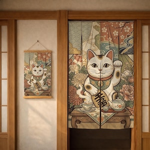 Noren Door Curtain, Japanese Doorway Curtain, Lucky Cat Room Divider, Floral Japandi Entryway Curtain, Zen Tea Room Cafe Wall Decor