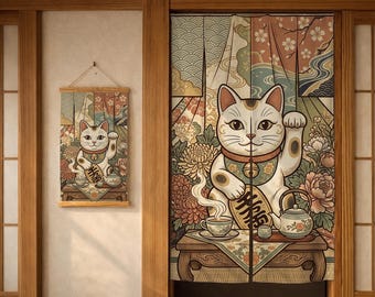 Cortina Noren para puerta, cortina japonesa para entrada, separador de ambientes con diseño de gato de la suerte, cortina floral Japandi para entrada, decoración de pared para salón de té o cafetería Zen