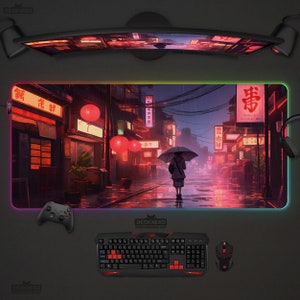Anime Desk Mat led, Tokyo street Deskmat, Lofi Cyberpunk City, Lo-Fi rainy Aesthetic, keyboard deskpad, Rgb gaming mousepad, large mouse pad