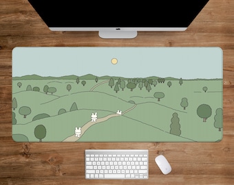 Cute Desk mat Kawaii Mousepad, Anime landscape aesthetics desk mat xl, kawai bear and bunny nature, Pastel beige brown and green mouse pad