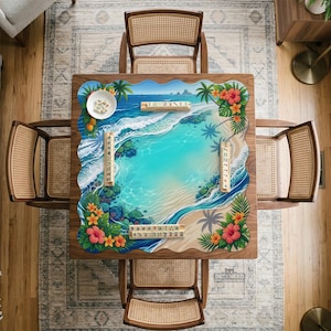 May include: A wooden game table with a tropical beach scene design. The table is surrounded by four woven chairs. The table's surface features a turquoise ocean, sandy beach, palm trees, and colorful flowers. Game pieces are placed on the table.