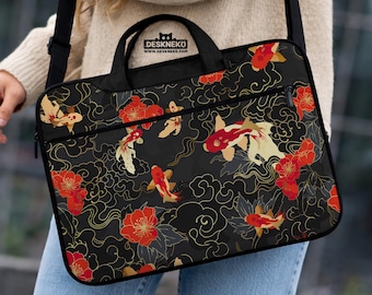 Koi Fish Laptop Sleeve & Shoulder Bag, Black Red Gold Japandi Tech Case, Abstract Padded MacBook Cover with Handle and/or Strap