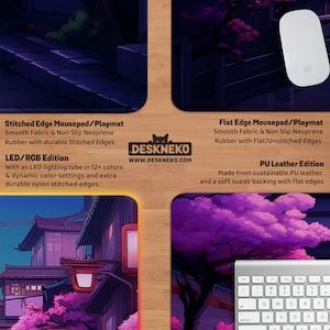 May include: A product display showcasing mousepads and playmats. The image includes a white mouse, a keyboard, and text detailing the products' features. The mousepads come with stitched or flat edges, and some have LED lighting.