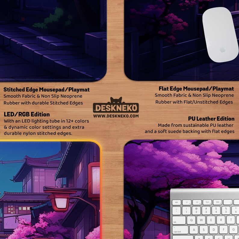 May include: A product display showcasing mousepads and playmats. The image includes a white mouse, a keyboard, and text detailing the products' features. The mousepads come with stitched or flat edges, and some have LED lighting.