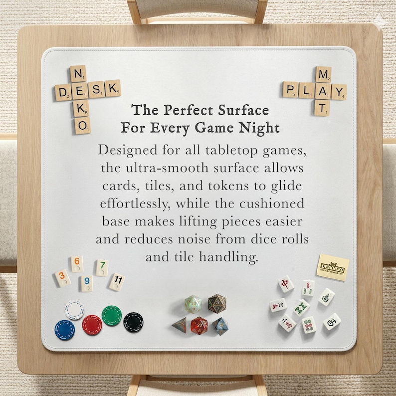 May include: A white game night surface with the text "The Perfect Surface For Every Game Night." Includes dice, game tiles, and Scrabble tiles spelling "DESK" and "PLAY." The surface is designed for tabletop games.