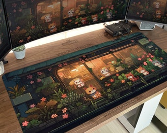 Cats Desk Mat Lofi, Aesthetic Mousepad large, Cute Anime cottagecore plants, keyboard matt, Led mouse pad XL, Kawaii gaming deskmat xxl gift