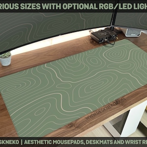 Green Topographic Desk Mat, Large Mouse Pad, Topo map contour lines sage, Padded keyboard wrist rest, XXL rgb led gaming deskmat mousepad