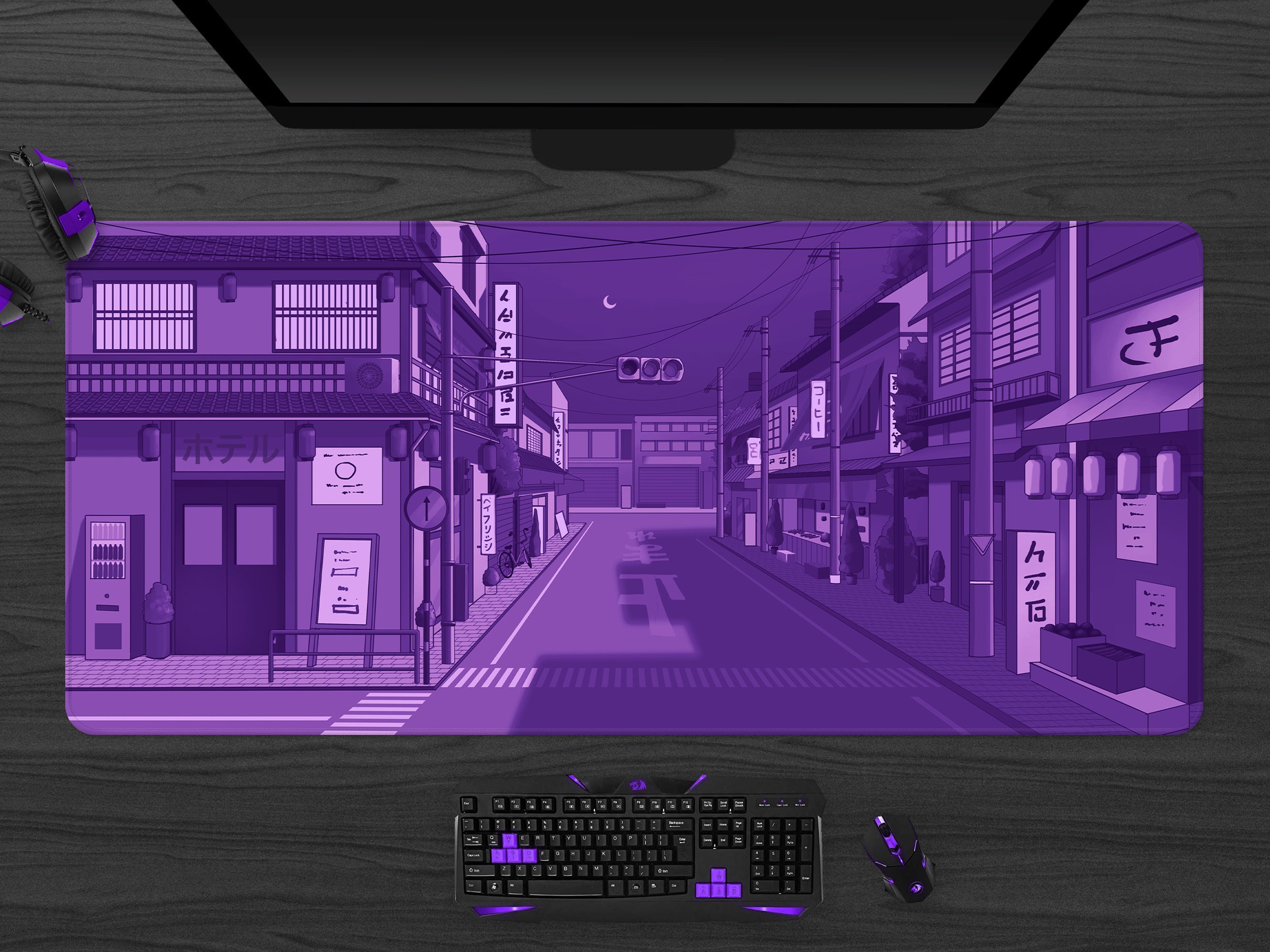 Purple Tokyo Desk Mat xl, Japanese Street Mousepad, Retro lo-fi Anime aesthetics, xxl extra large gaming deskmat, mouse pad multiple sizes