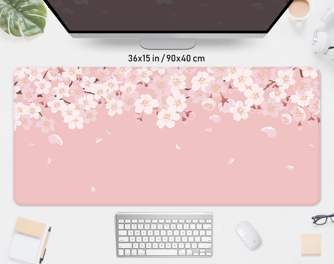 Cherry Blossom Desk Mat Pink, Sakura Mousepad Flower, Pastel Peach Lofi