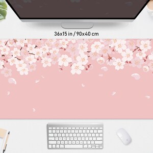 Cherry Blossom Desk Mat pink, Sakura Mousepad flower, pastel peach lofi anime aesthetic, kawaii gaming keyboard mouse pad xxl deskmat kawai