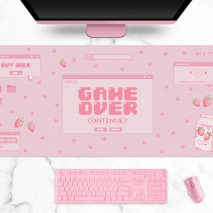 Strawberry Milk Desk Mat, Kawaii pastel pink gaming mousepad, retro linear vaporwave aesthetics, cute mouse pads