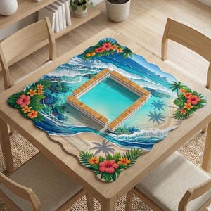 May include: A square table mat with a tropical beach scene. The mat features a turquoise pool, palm trees, and ocean waves. Red and orange hibiscus flowers and green leaves decorate the edges. The mat is placed on a light wood table.
