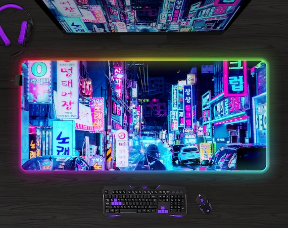 LED RGB Gaming Desk Mat Vaporwave Mousepad Cyberpunk, Japanese Skyline  Tokyo 8 Bit Pixel Art, Xxl Vapor Retro Wave Gaming Deskmat Mouse Pad 