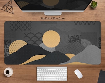 Black and Gold Desk Mat Mousepad, Japanese mountains and sunset, Abstract geometric shapes oriental pattern, xl xxl gaming deskmat mouse pad